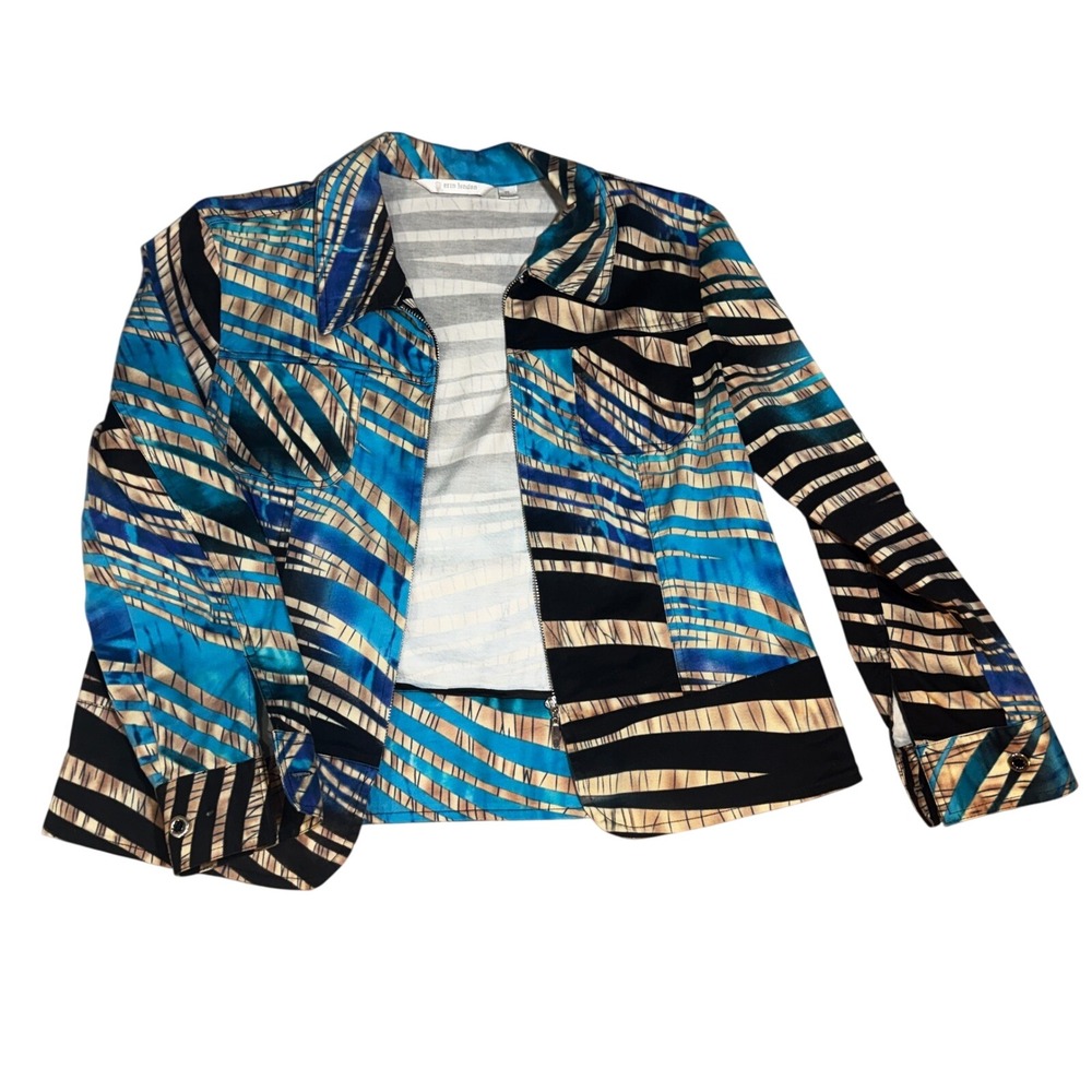 Erin London Blue Abstract Zebra Print Zip Front Jacket Petite Large‎ PL